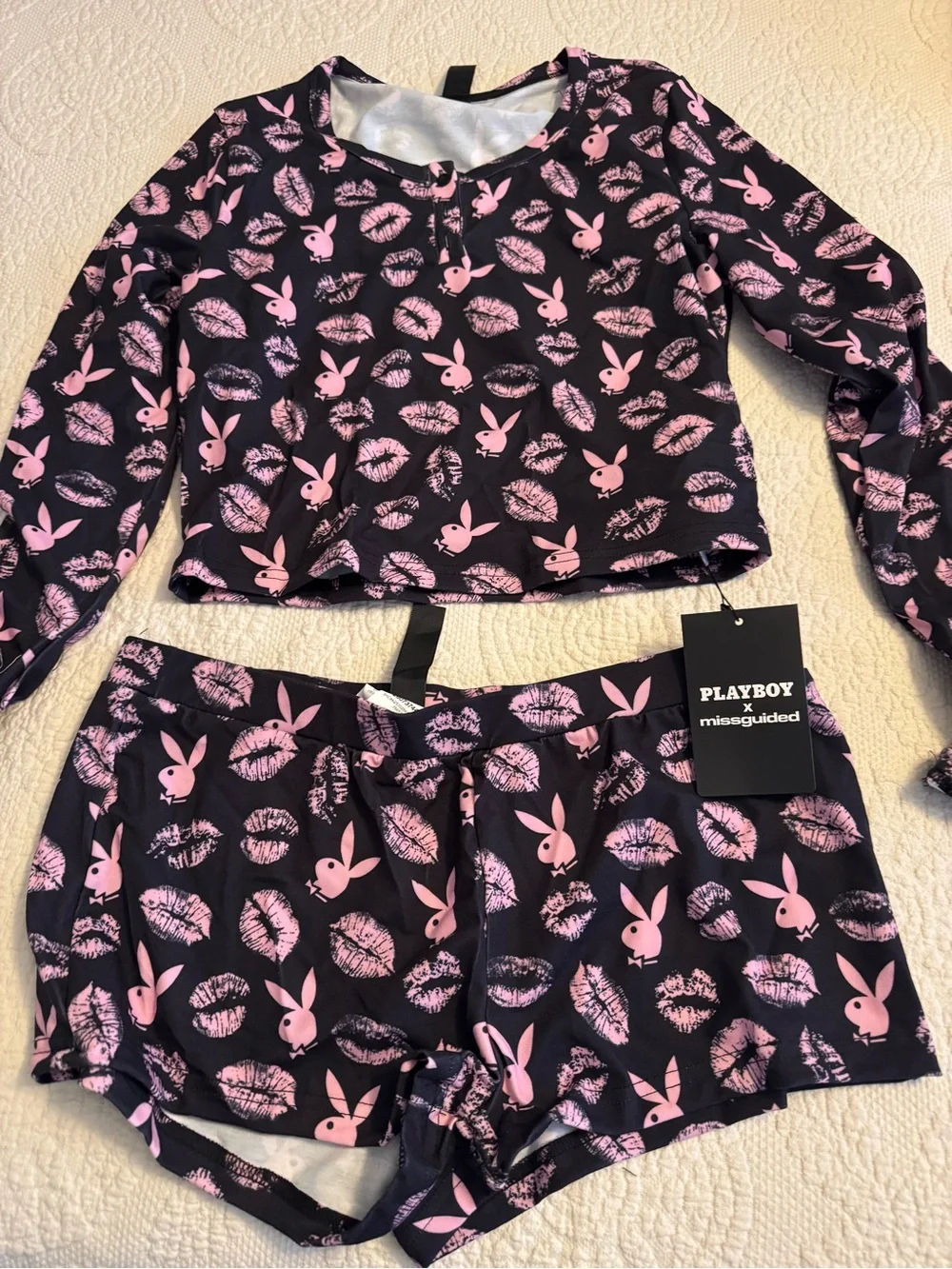 PLAYBOY Black and Pink Long-Sleeve Crop Top & Shorts Sleep Set